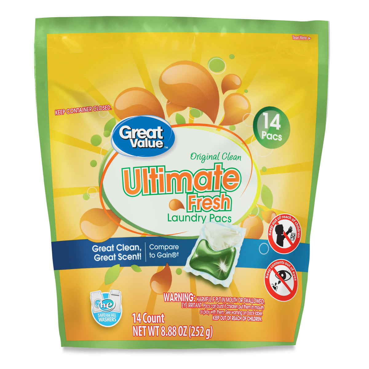 Great Value Ultimate Fresh Laundry Detergent Pacs Original Clean 14 Count