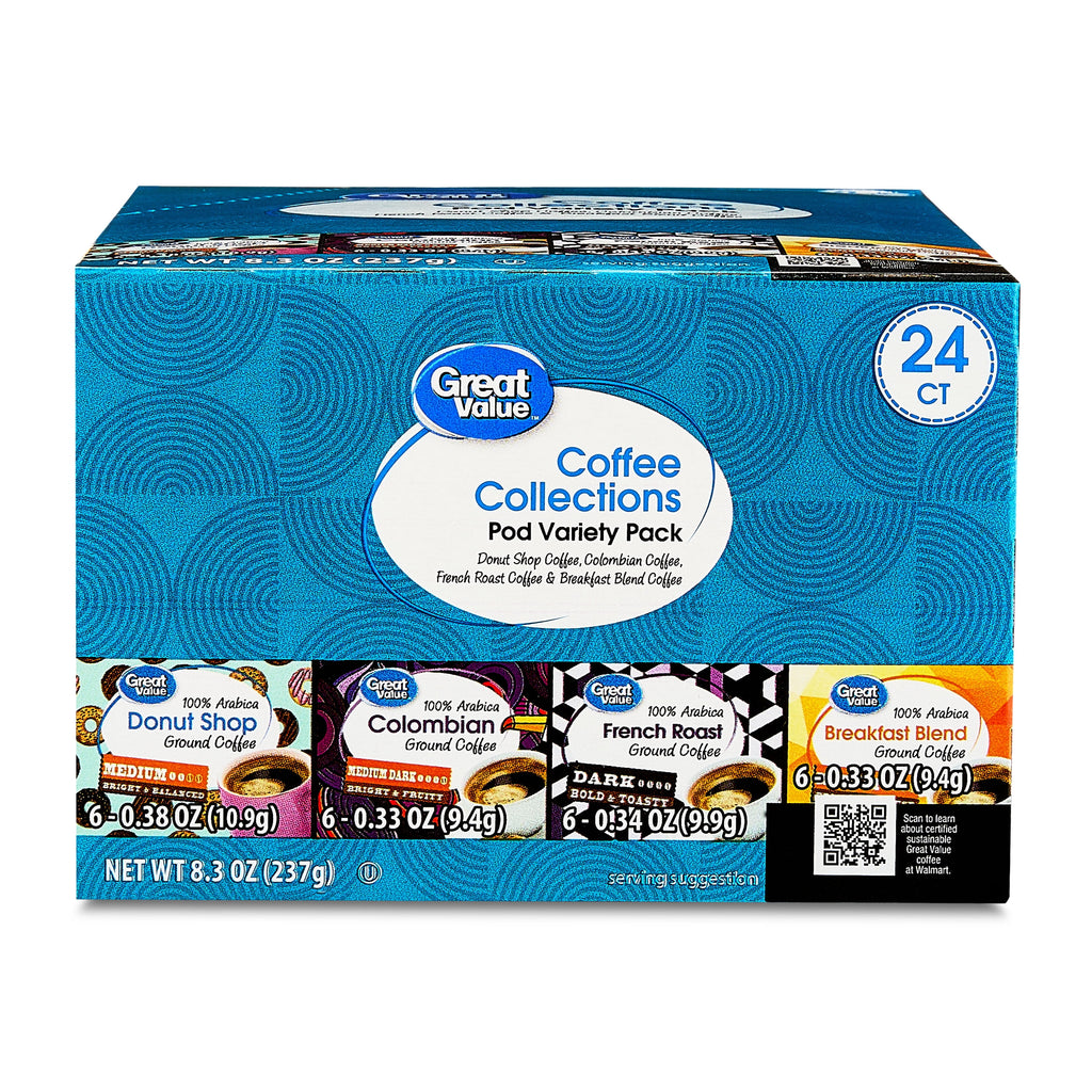Great Value Unflavored Ground Coffee Pods Variety Pack 24 Count 8.3 oz Box