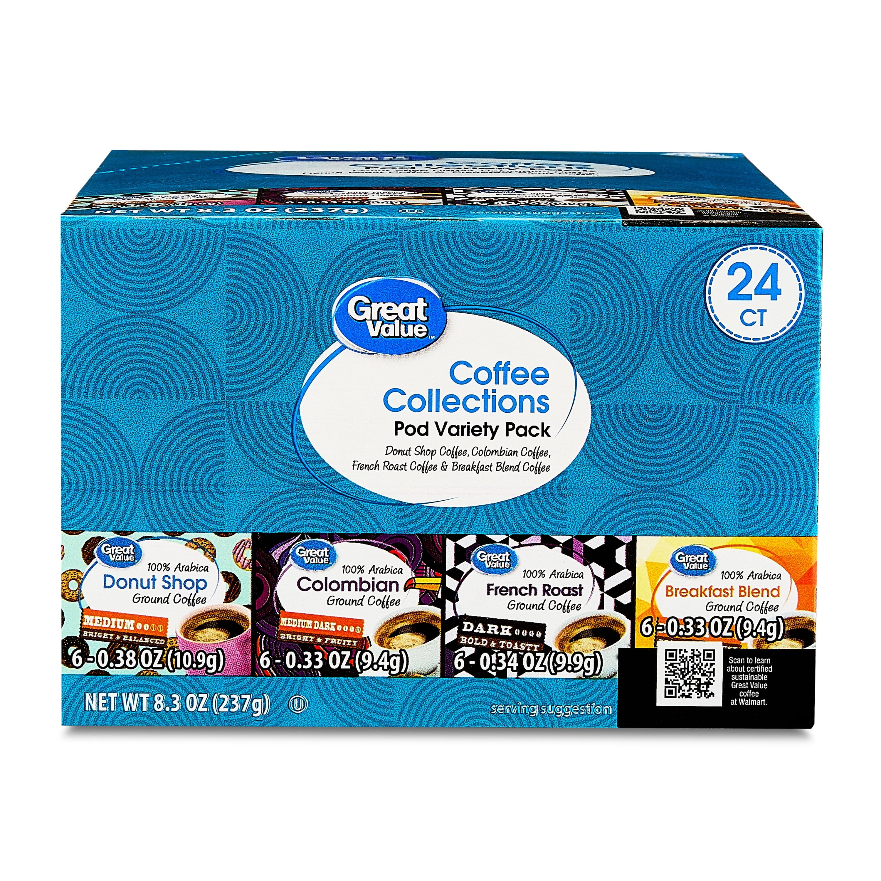 Great Value Unflavored Ground Coffee Pods Variety Pack 24 Count 8.3 oz Box