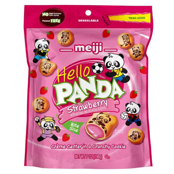 Meiji Hello Panda Strawberry Crème Cookies, Bite-Sized Kids Snack, 7oz Resealable Pouch