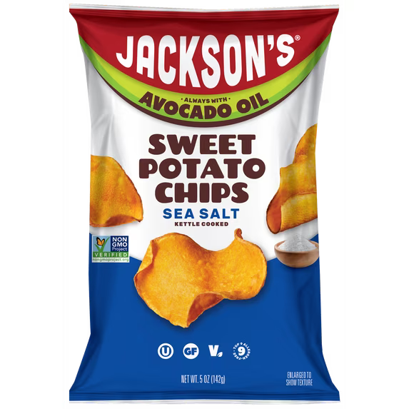Jackson's Sweet Potato Kettle Chips with Sea Salt, Avocado Oil, Free of Top 9 Allergens, 5 oz