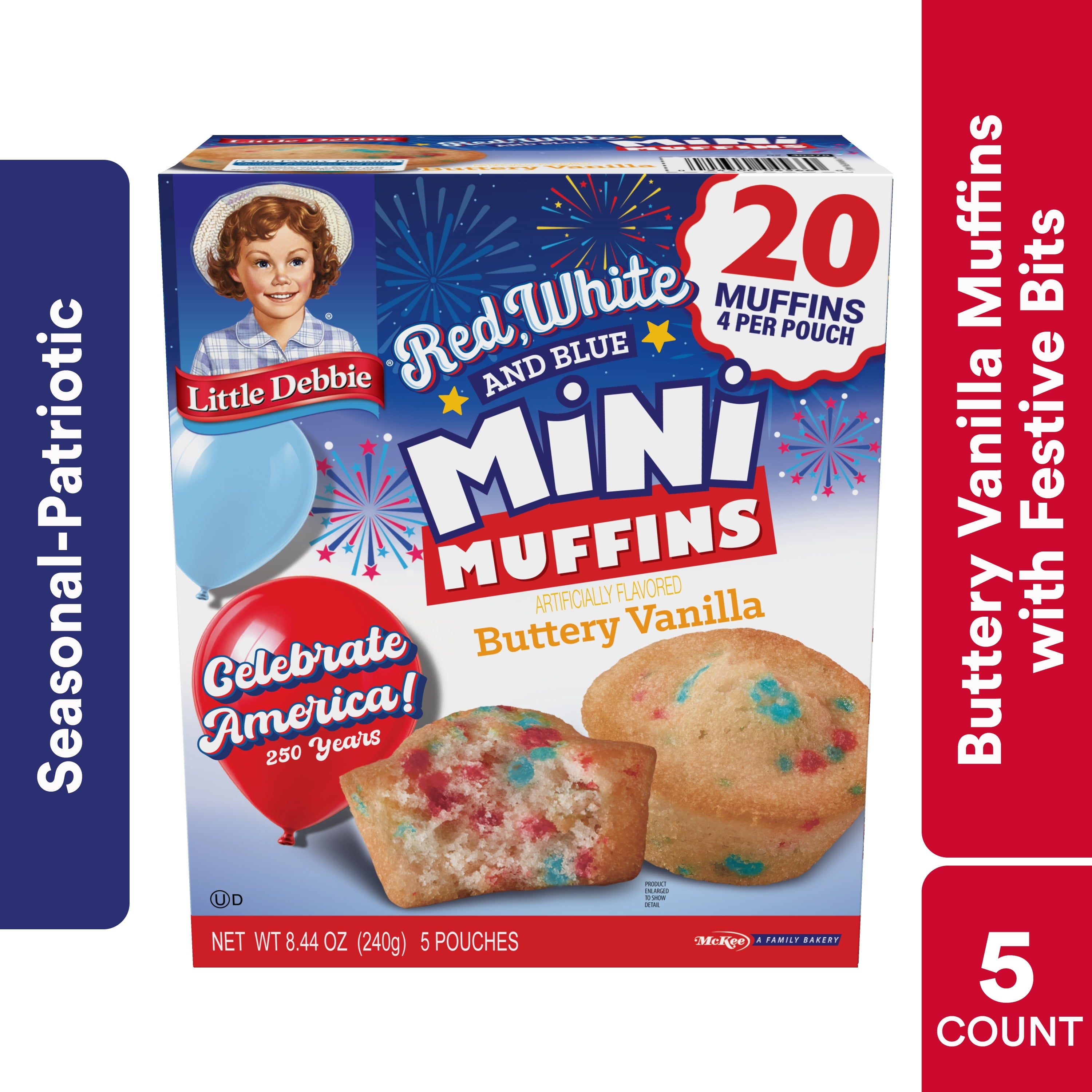 Red White and Blue Buttery Vanilla Mini Muffins 8.44 Oz 5 Pouches Little Debbie