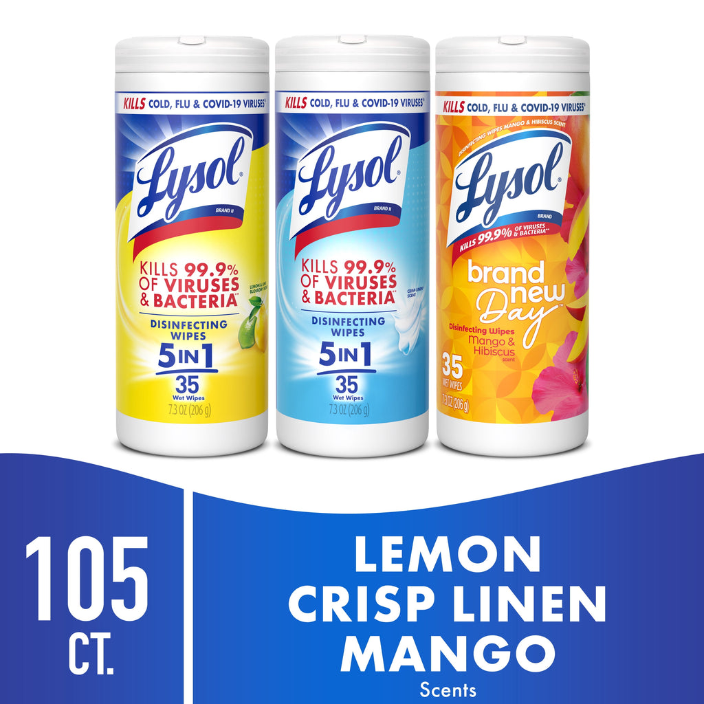 Lysol Disinfecting Wipes Lemon Mango & Hibiscus Crisp Linen Scent 35 Count Pack of 3