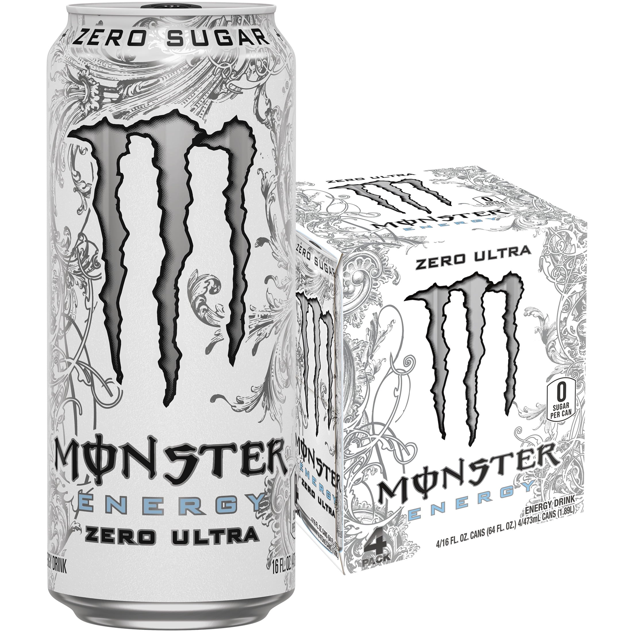 Monster Energy Zero Ultra Sugar Free Energy Drink 16 fl oz 4 Pack Cans