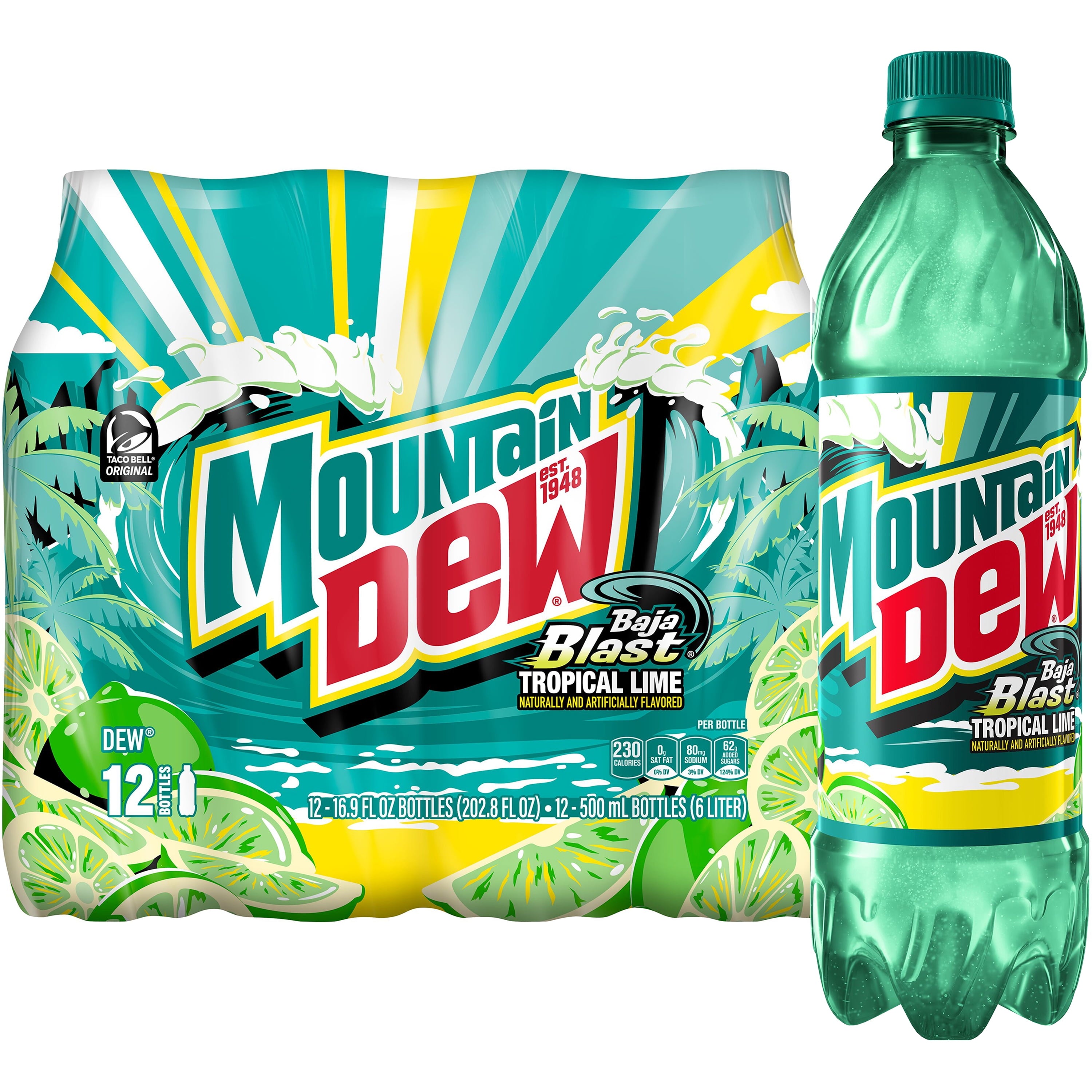 Mountain Dew Baja Blast Tropical Lime Soda Pop Bottles 16.9 Fl Oz 12 Pack