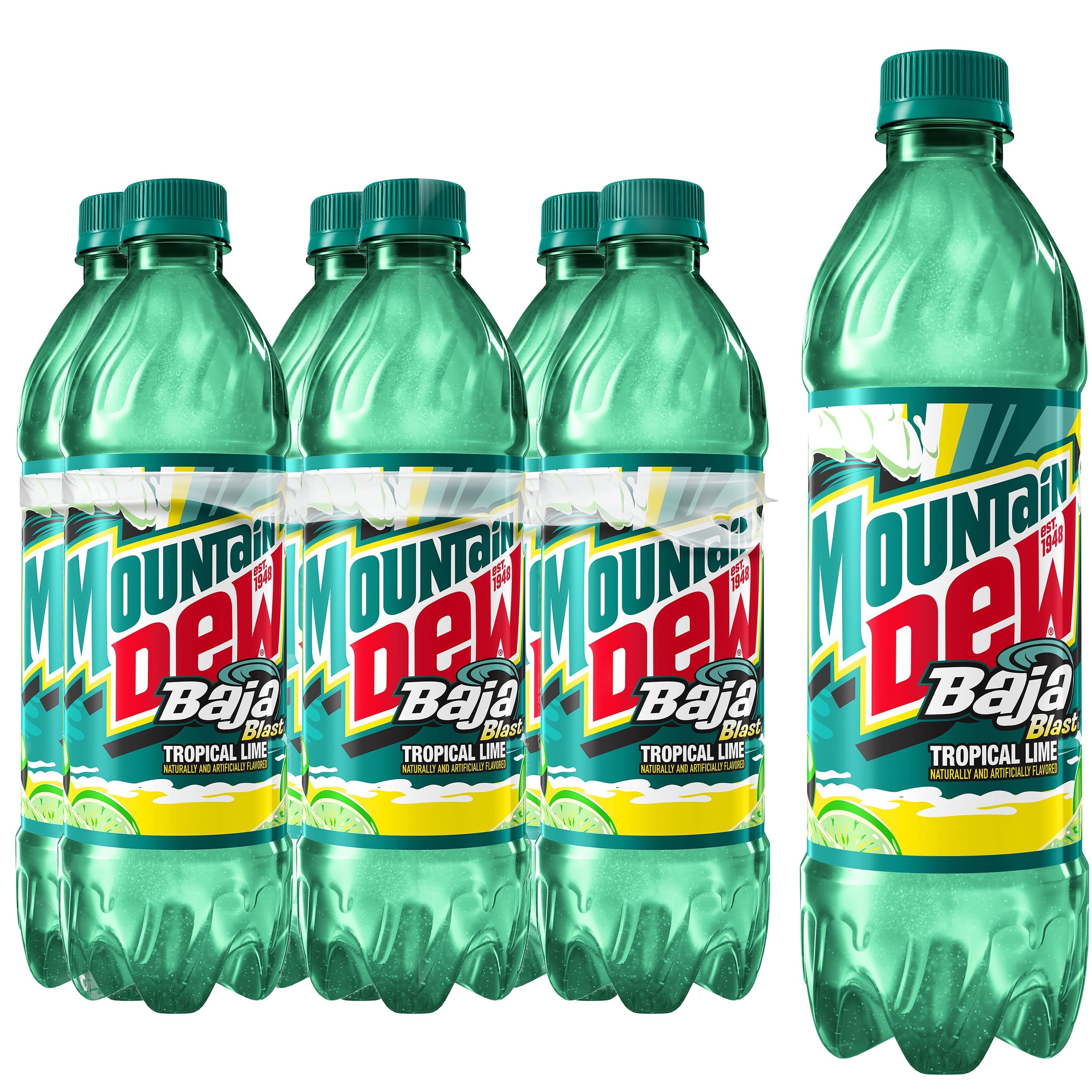 Mountain Dew Baja Blast Tropical Lime Soda Pop Bottles 16.9 Fl Oz 6 Pack