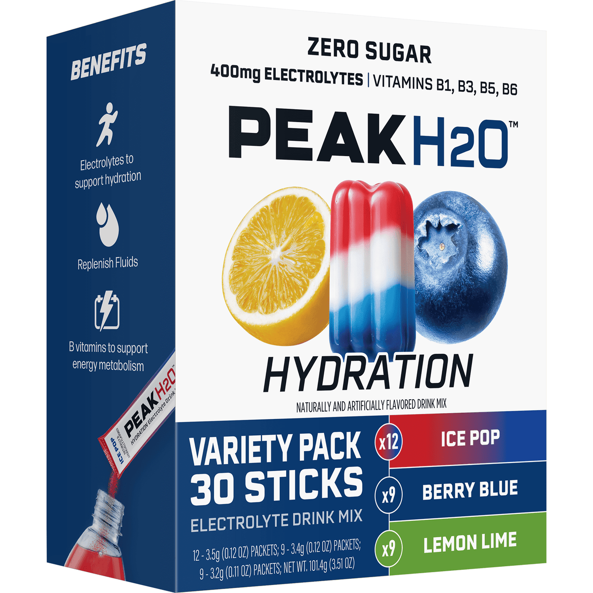 Peak H2O Sugar-Free Hydration Electrolyte Drink Mix Variety Pack 2.1 oz 30 Count
