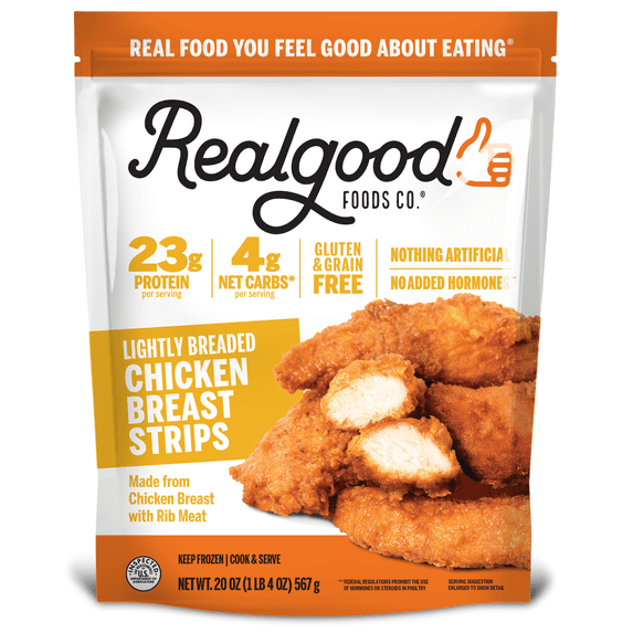 Realgood Foods Co. Lightly Breaded Chicken Breast Strips Gluten Free Frozen 20 Oz