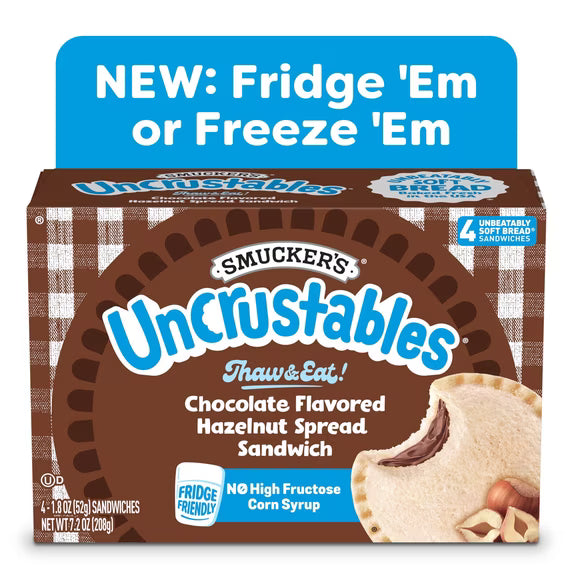 Smucker’s Uncrustables Chocolate Flavored Hazelnut Spread Sandwiches, 4 Count, 1.8 oz Each, Frozen