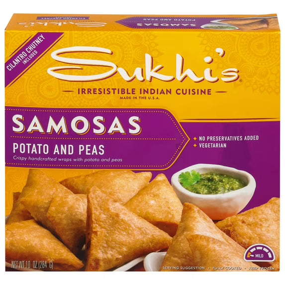 Sukhi's Indian Potato & Pea Samosa Frozen Appetizer Vegetarian Snack 10oz