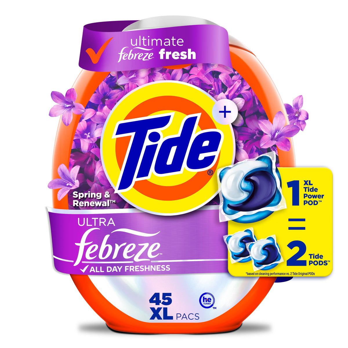 Tide Power PODS Laundry Detergent Pacs with Febreze Odor Eliminators Spring & Renewal 45 Count