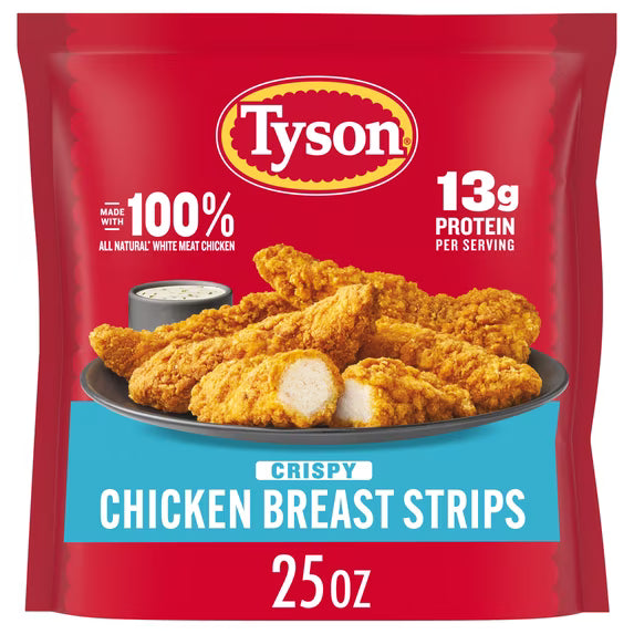 Tyson Frozen Crispy Chicken Breast Strips, 25 oz, 13g protein per serving (Fully Cooked)