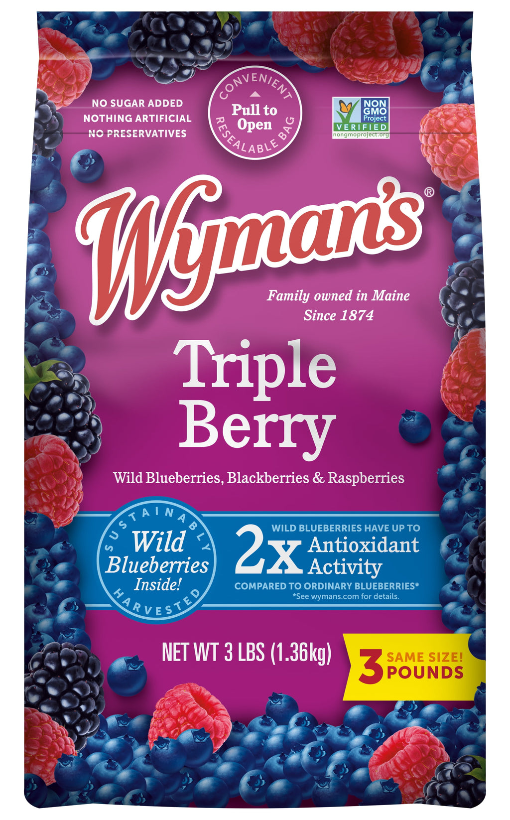 Wyman's Triple Berry Blend Frozen Blueberries Blackberries Raspberries 48 Oz