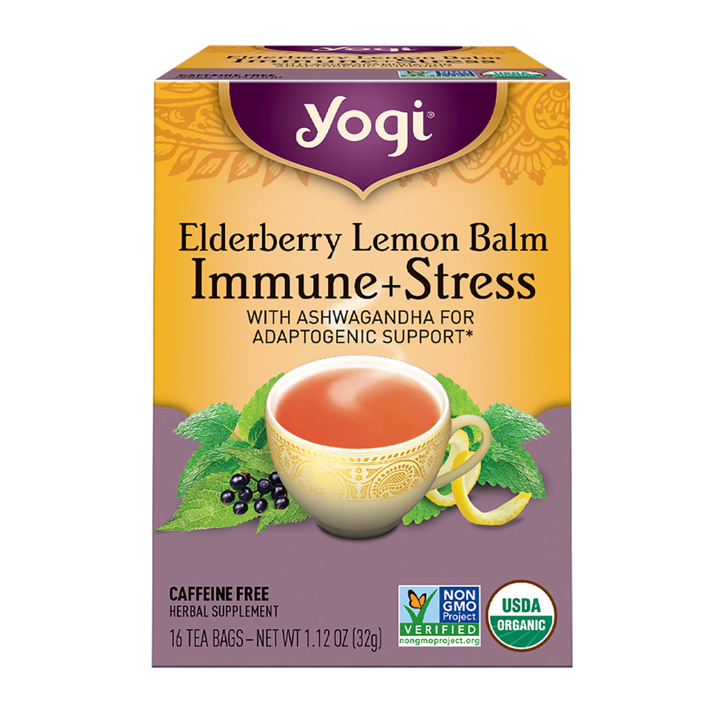 Yogi Elderberry Lemon Balm Immune Plus Stress Organic Herbal Wellness Tea Bags Caffeine-Free 16 Count