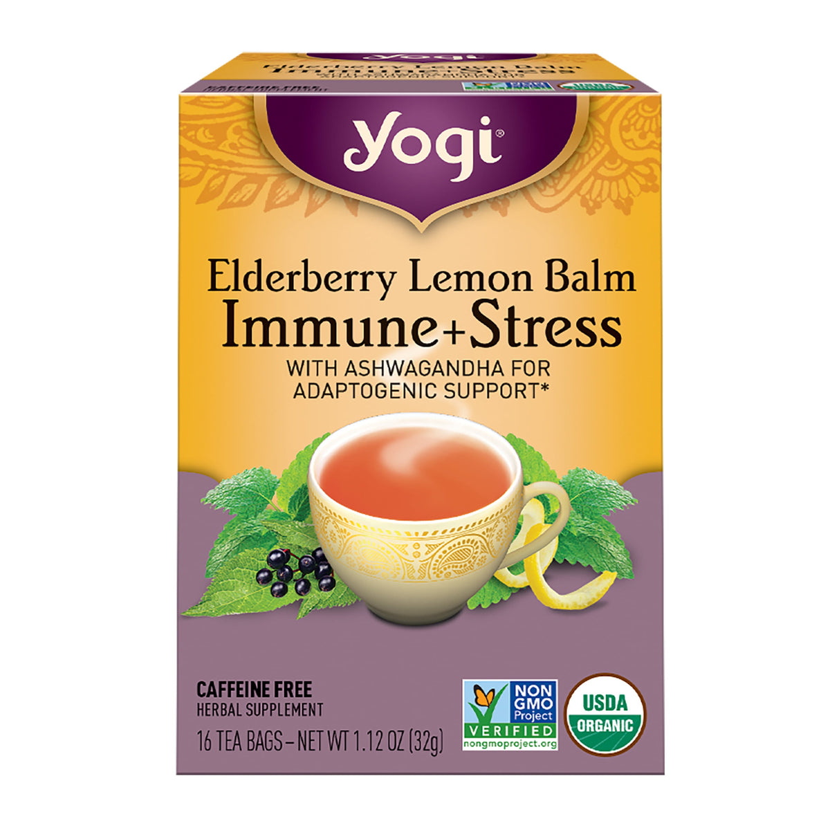 Yogi Elderberry Lemon Balm Immune Plus Stress Organic Herbal Wellness Tea Bags Caffeine-Free 16 Count