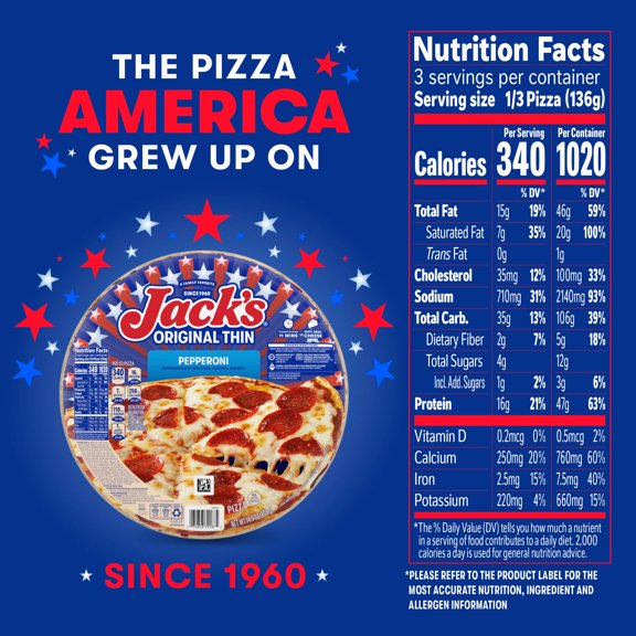 Jack's Original Thin Crust Pepperoni Pizza Frozen 14.3 Oz
