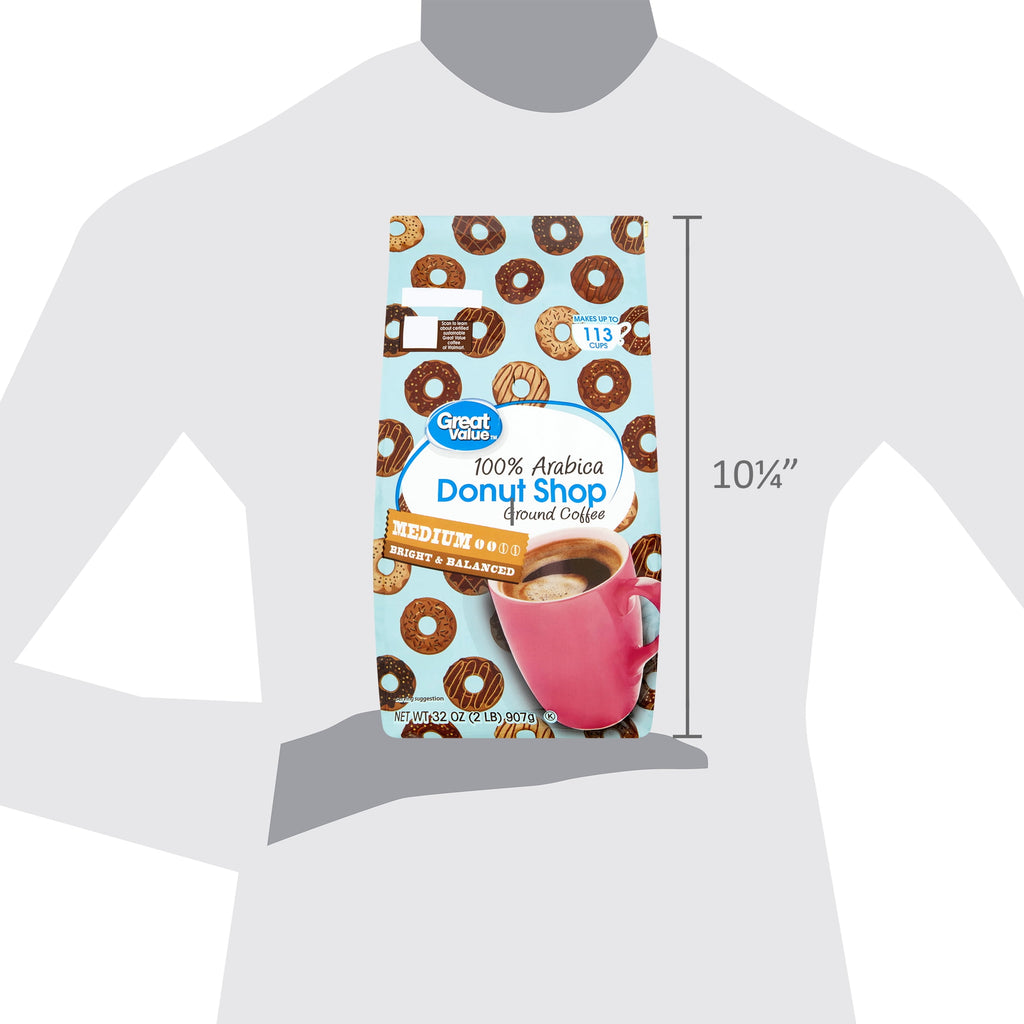 Great Value Donut Shop Naturally Caffeinated Medium Roast Ground Coffee 32 oz Bag
