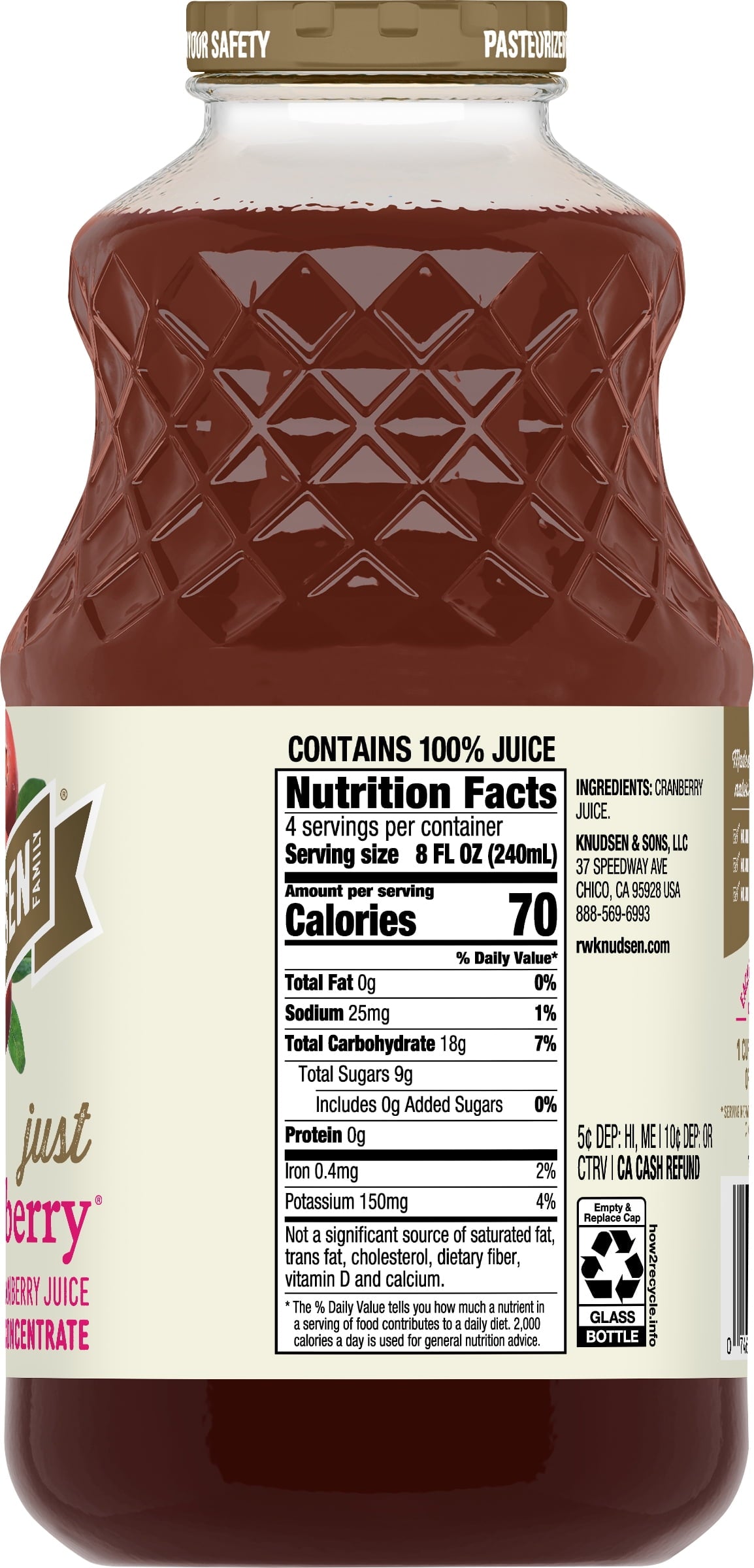 R.W. Knudsen Family Just Cranberry Juice 32 fl oz Glass Bottle