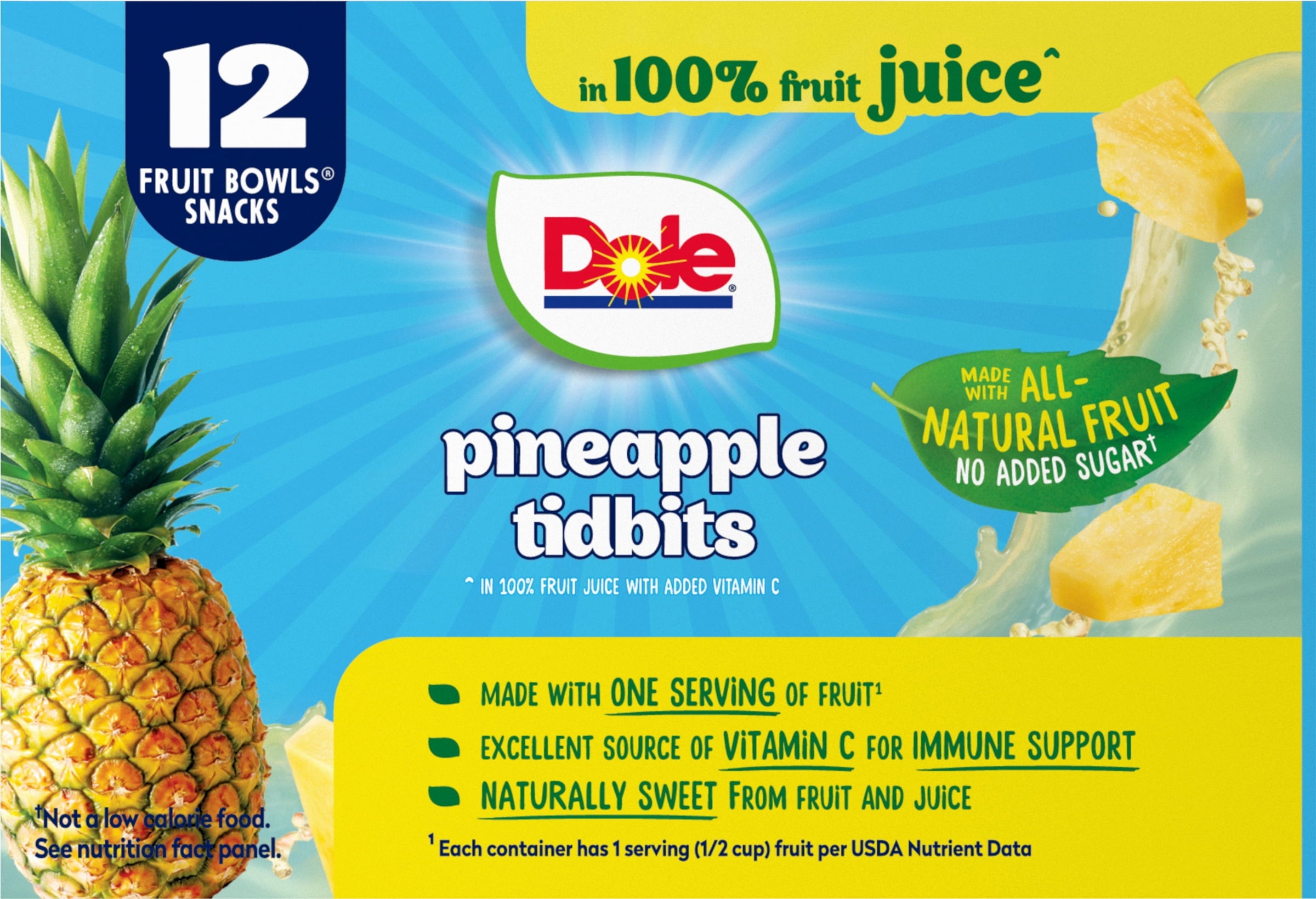 Dole Fruit Bowls Pineapple Paradise Tidbits in 100% Fruit Juice 4 oz Cups 12 Pack