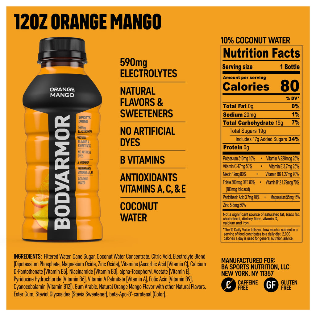 BODYARMOR Orange Mango Electrolyte Sports Drink 12 fl oz Bottles (8 Pack)