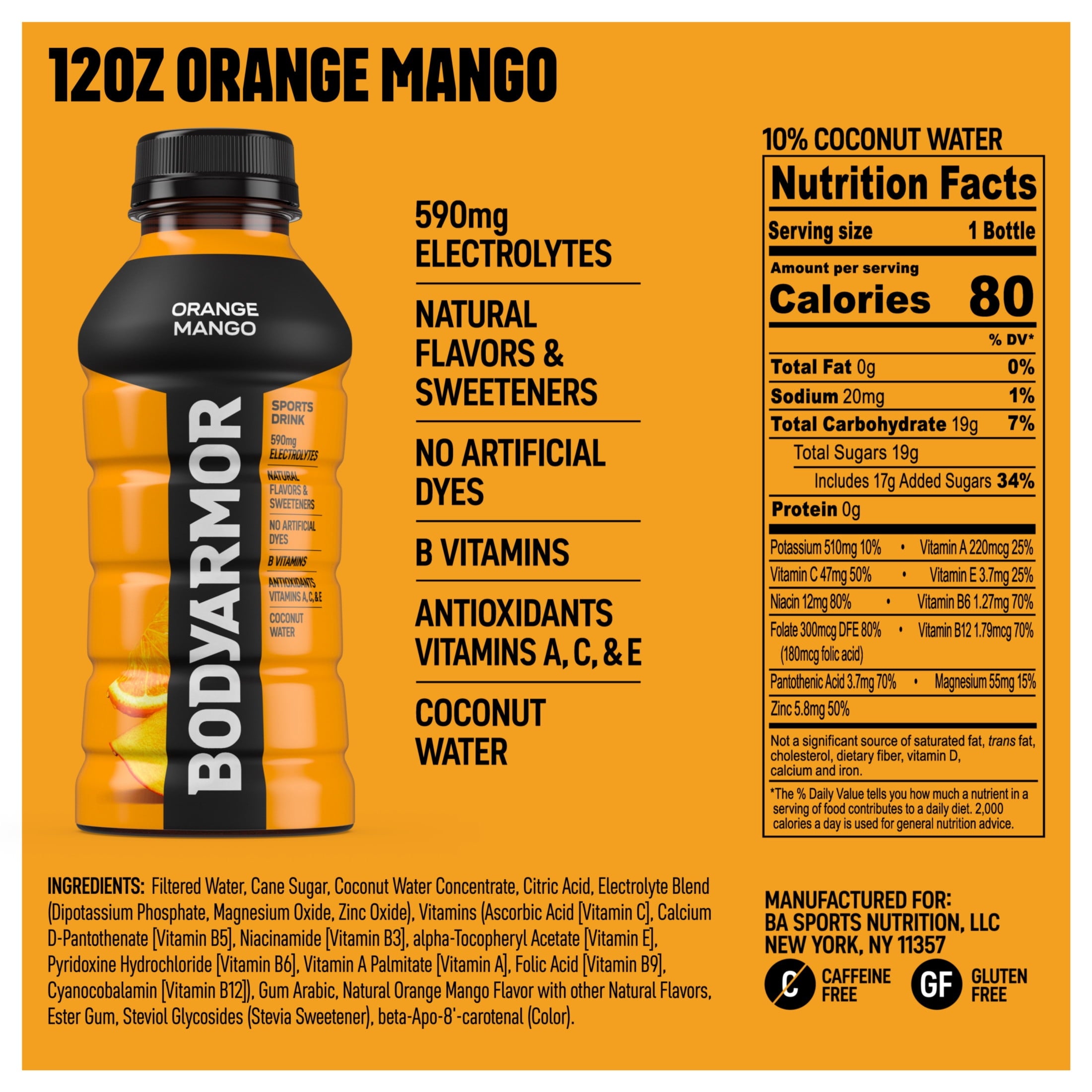 BODYARMOR Orange Mango Electrolyte Sports Drink 12 fl oz Bottles (8 Pack)