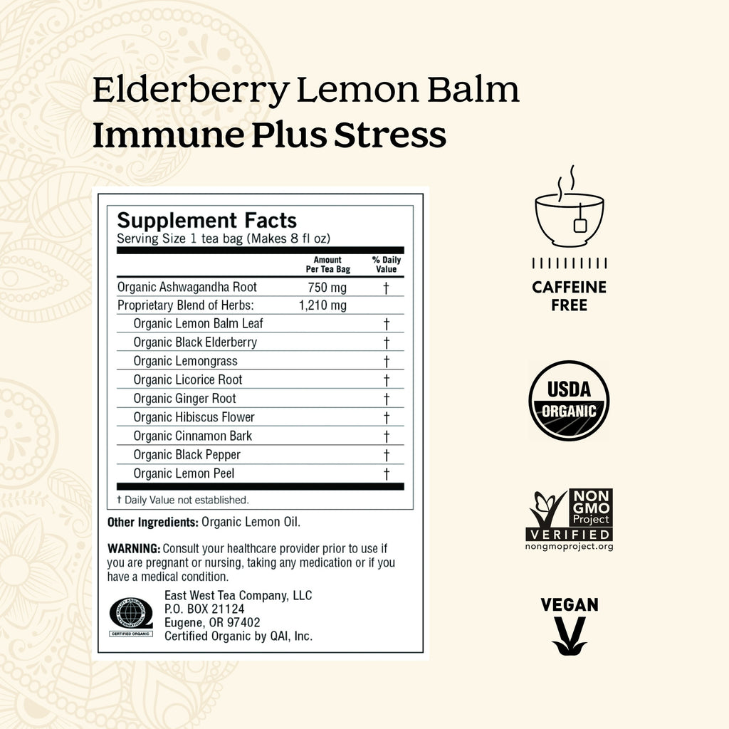 Yogi Elderberry Lemon Balm Immune Plus Stress Organic Herbal Wellness Tea Bags Caffeine-Free 16 Count