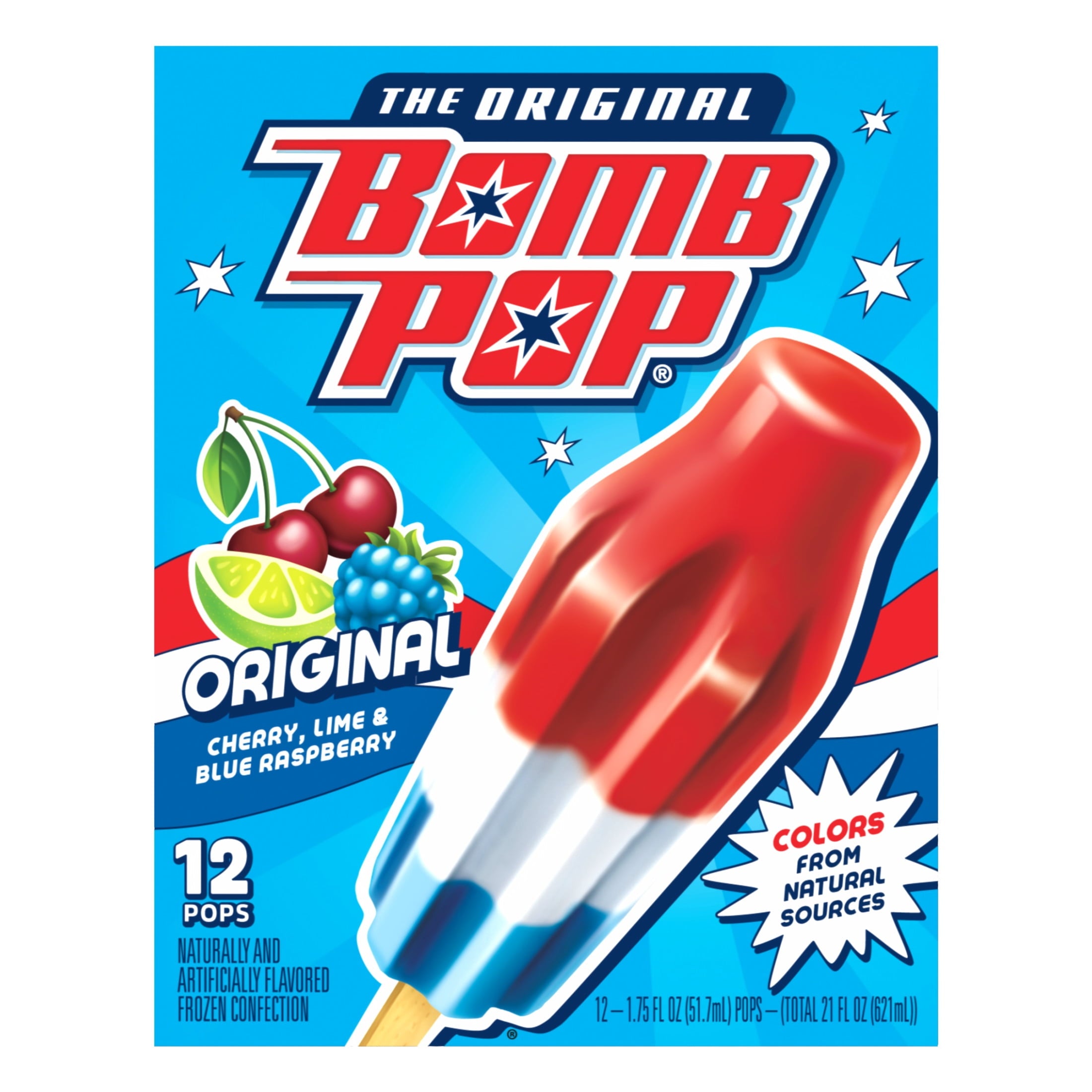 Bomb Pop Original Freeze Ice Pops Cherry Lime & Blue Raspberry 12 Count 21 Fl Oz