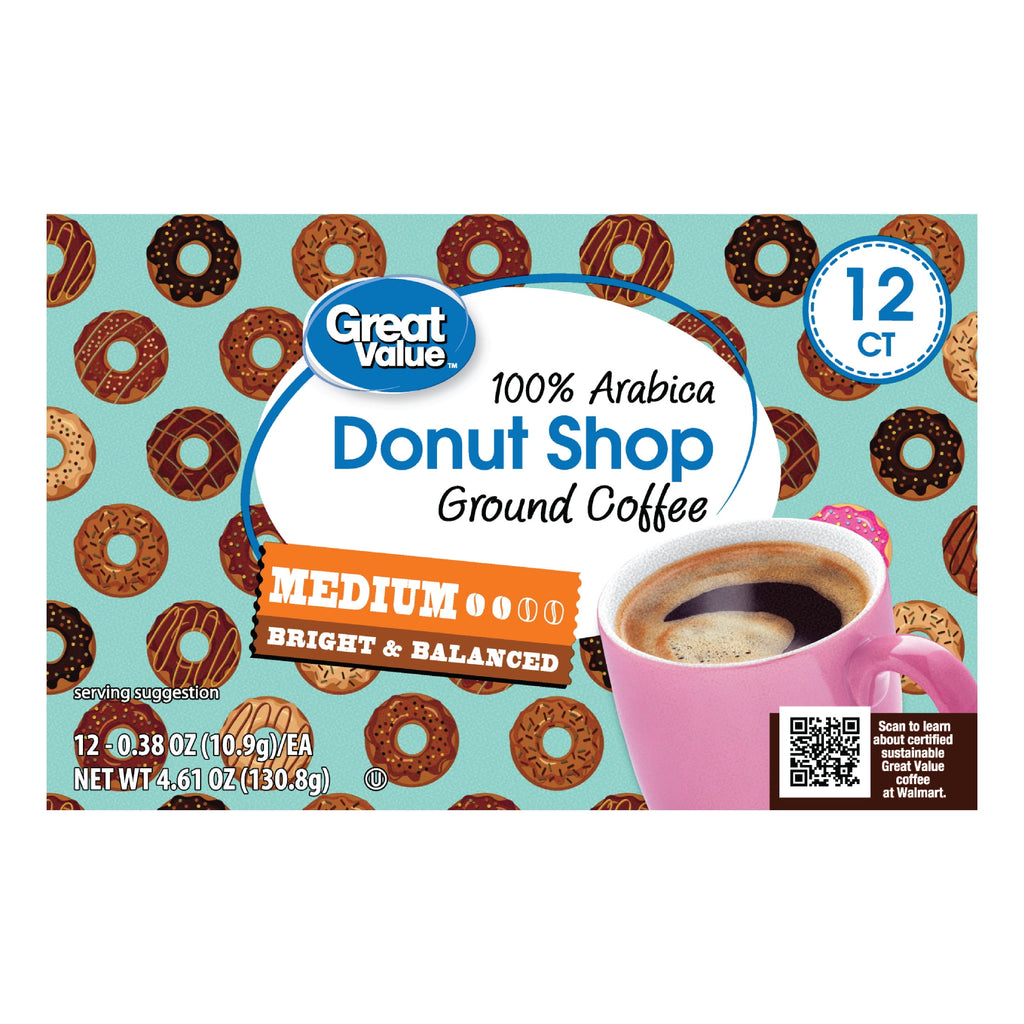 Great Value Donut Shop 100% Arabica Medium Roast Ground Coffee Pods 12 Count