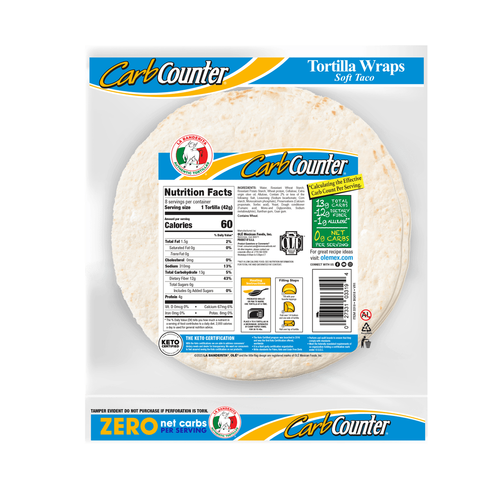Carb Counter Zero Net Carbs Soft Taco Flour Tortillas 11.8 Oz 8 Count La Banderita