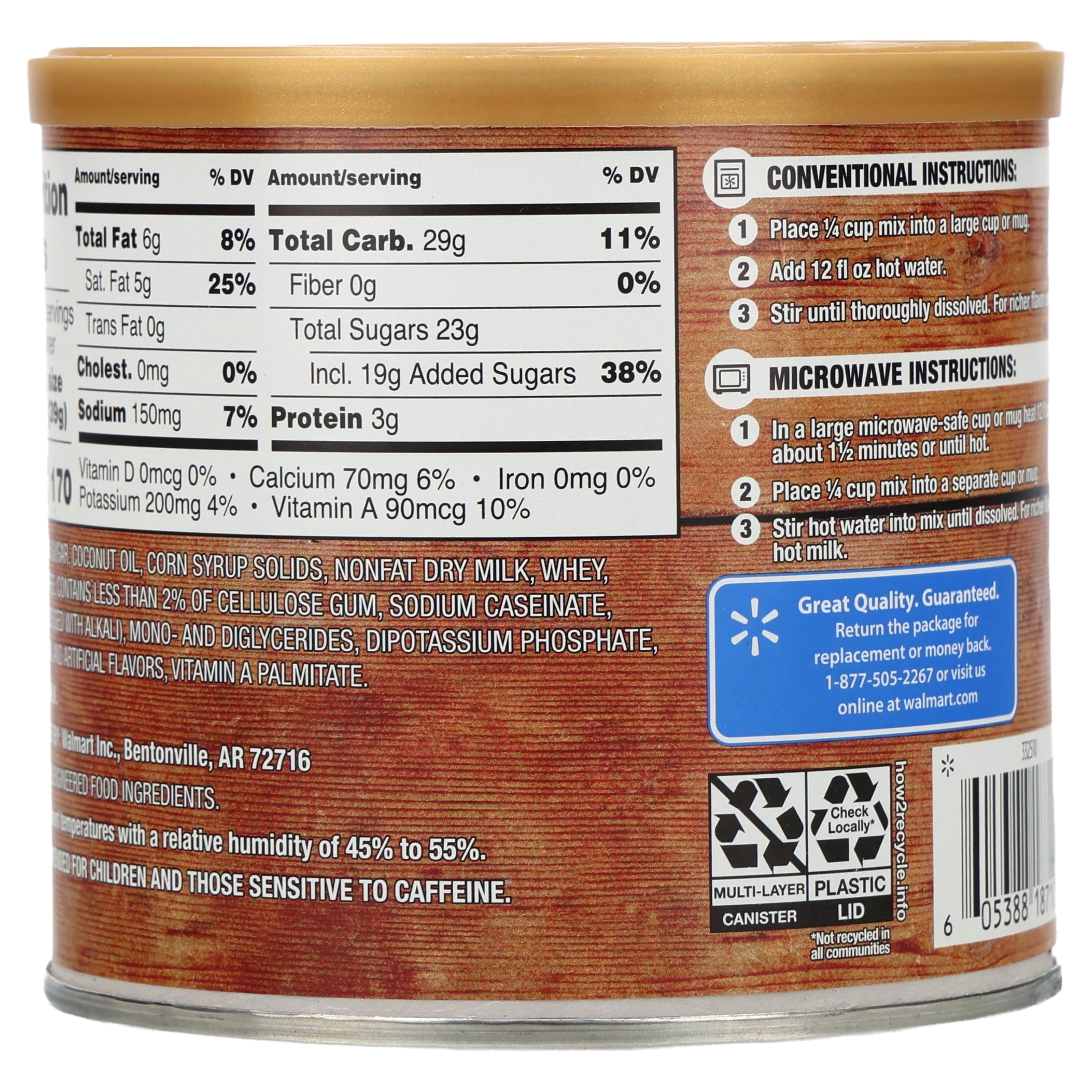 Great Value French Vanilla Naturally Caffeinated Instant Cappuccino Drink Mix 16 oz Canister