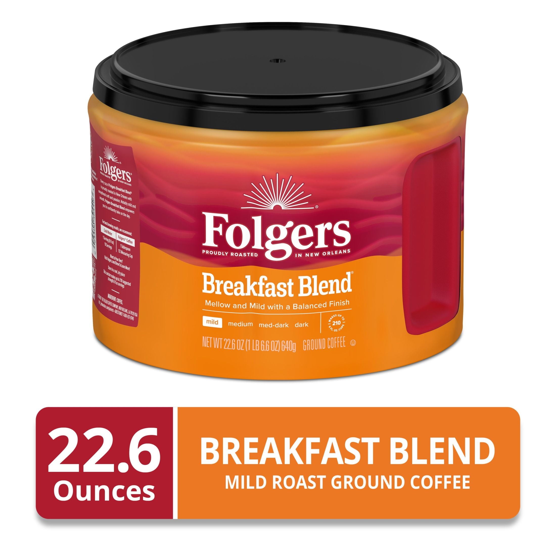Folgers Breakfast Blend Mild Roast Ground Coffee 22.6 oz Canister
