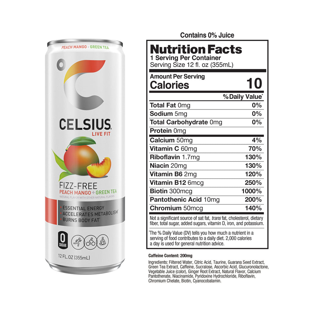 CELSIUS Essential Peach Mango Green Tea Energy Drink 12 fl oz Single Can