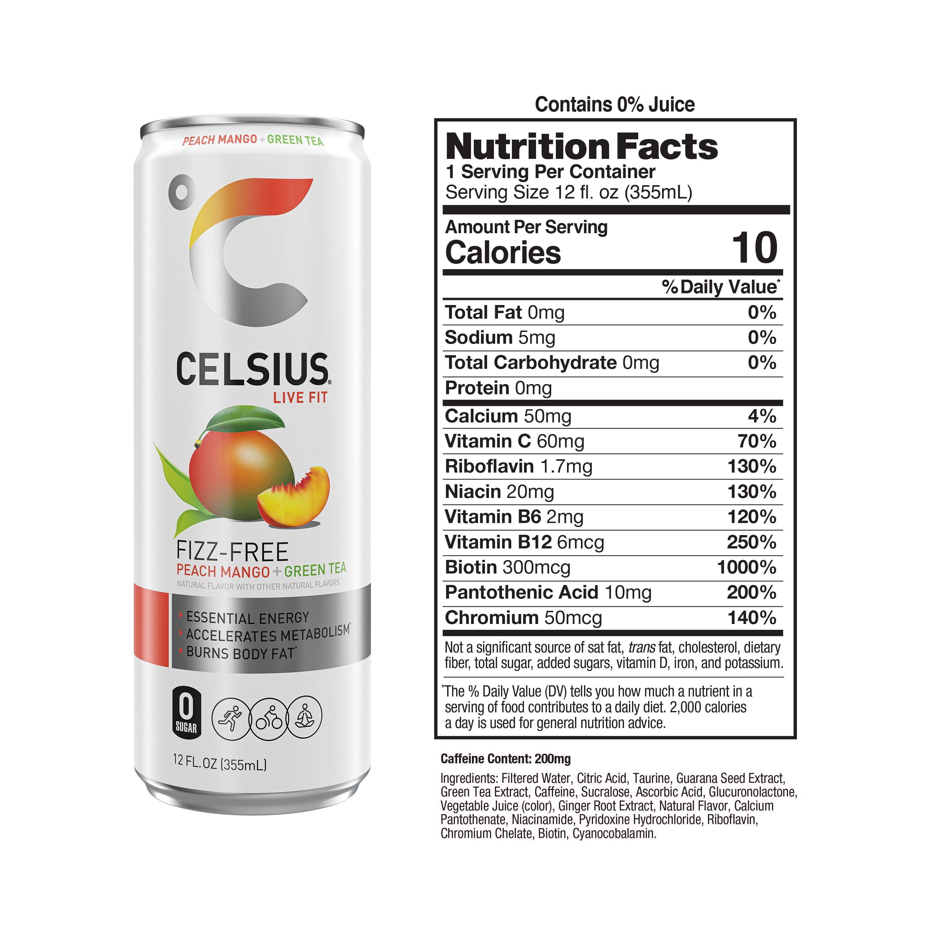 CELSIUS Essential Peach Mango Green Tea Energy Drink 12 fl oz Single Can