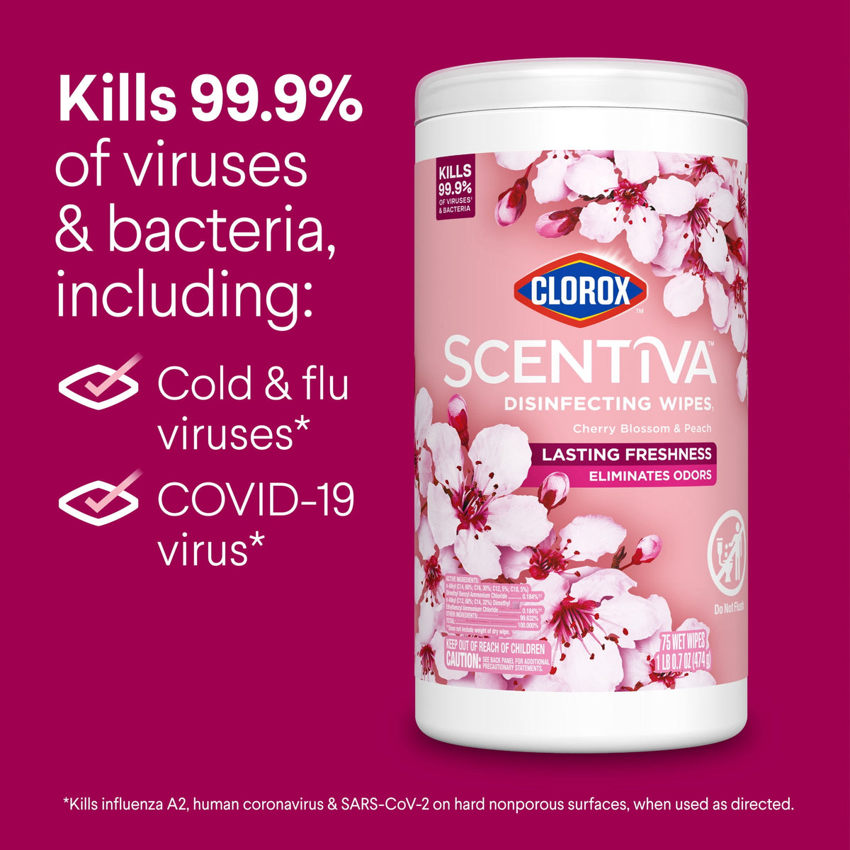 Clorox Scentiva Disinfecting Wipes Cherry Blossom Peach 75 Count