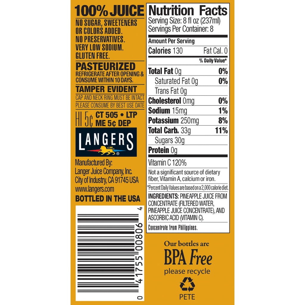 Langers 100% Pure Pineapple Juice 64 fl oz Bottle