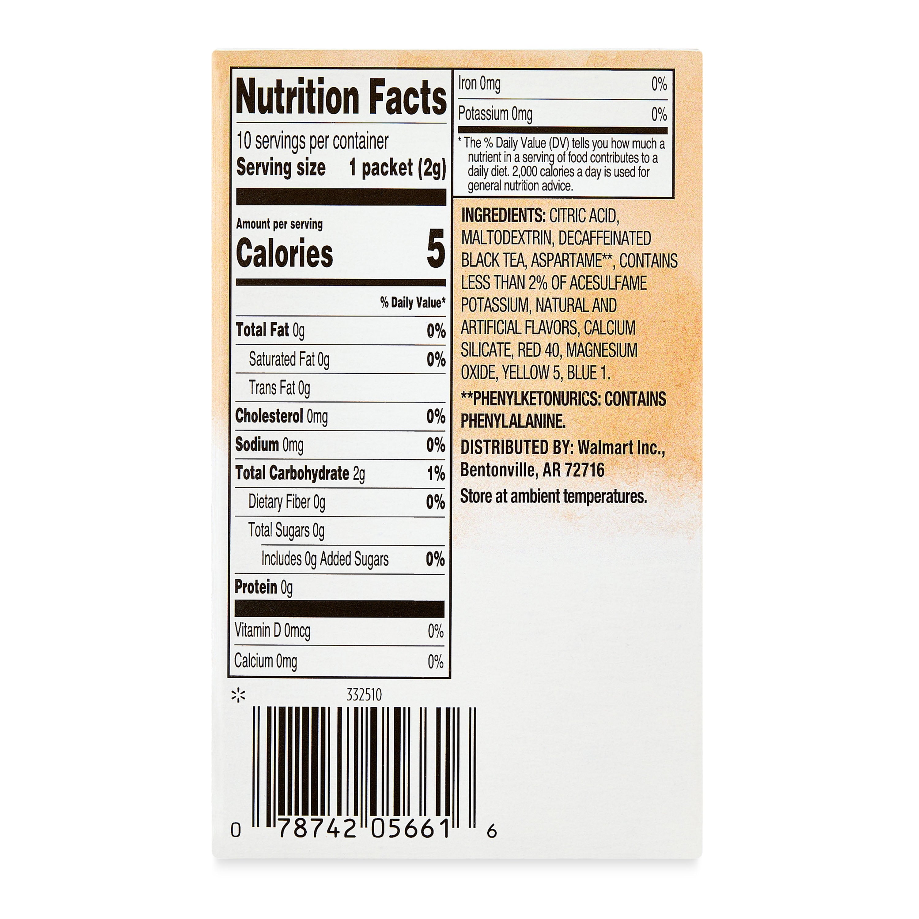 Great Value Sugar-Free Iced Tea with Peach Naturally Decaffeinated Instant Drink Mix 0.07 oz 10 Count
