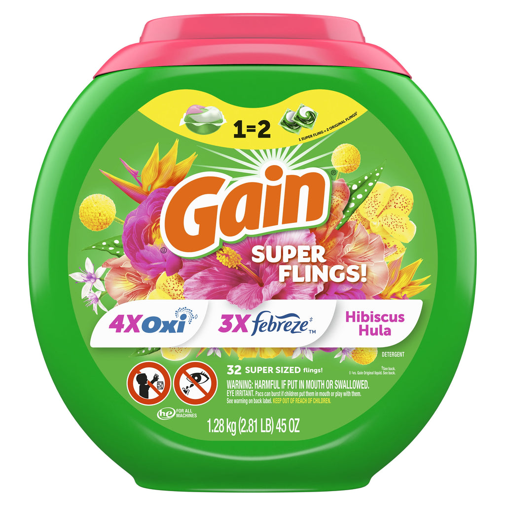 Gain Plus Flings Laundry Detergent Pacs All-In-One Happy Hibiscus Scent 32 Count