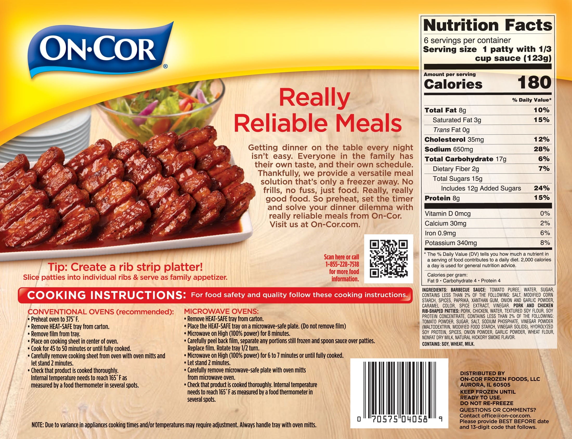 On-Cor BBQ Sauce & Boneless Rib Shaped Patties Frozen Meal 26 Oz