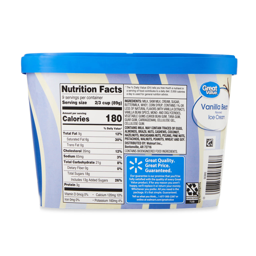 Great Value Vanilla Bean Flavored Ice Cream 48 Fl Oz