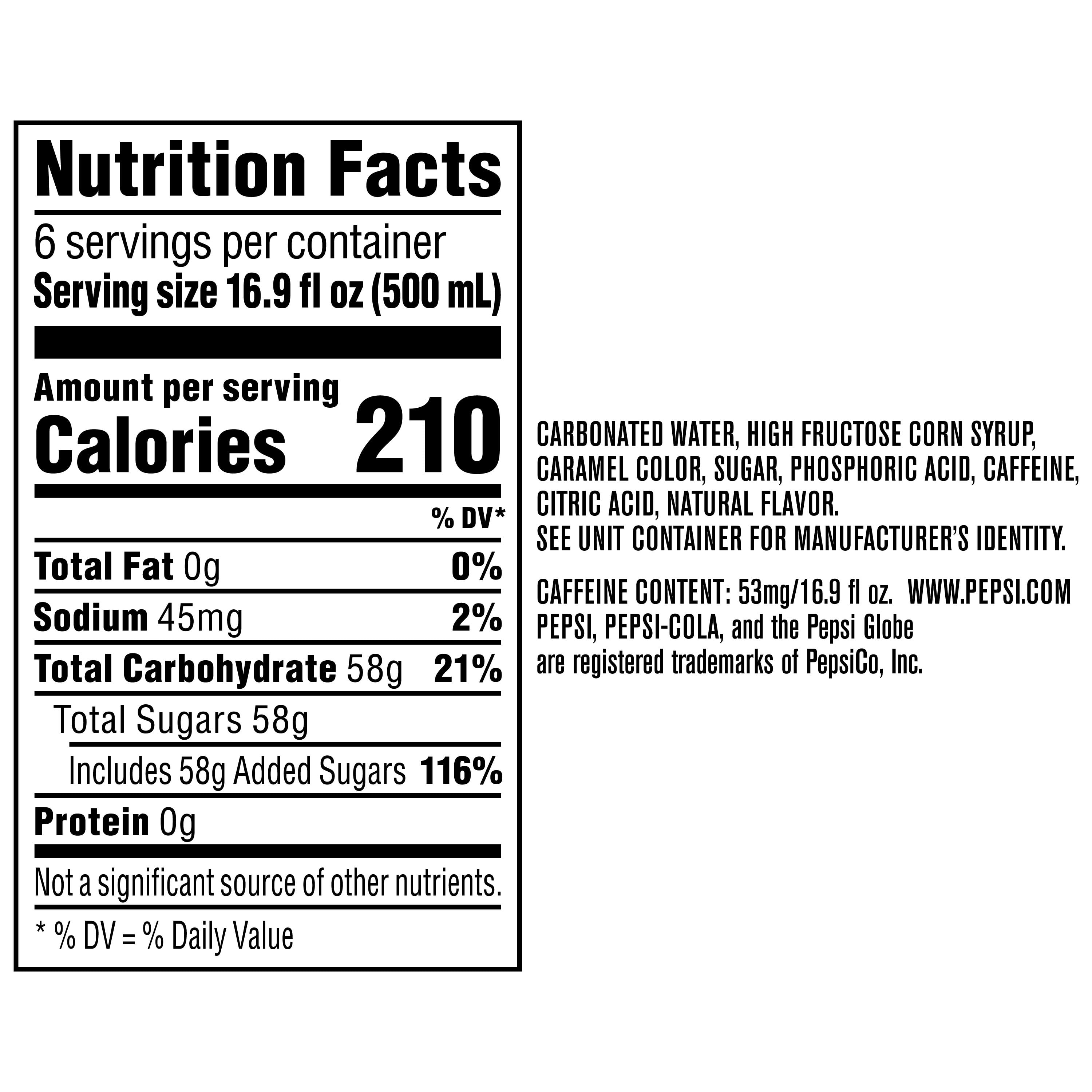 Pepsi Soda Cola Bottles 16.9 Fl Oz 6 Pack
