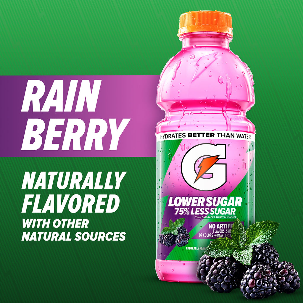 Gatorade Lower Sugar Electrolyte Sports Drink Rain Berry 12 fl oz Bottles (12 Pack)