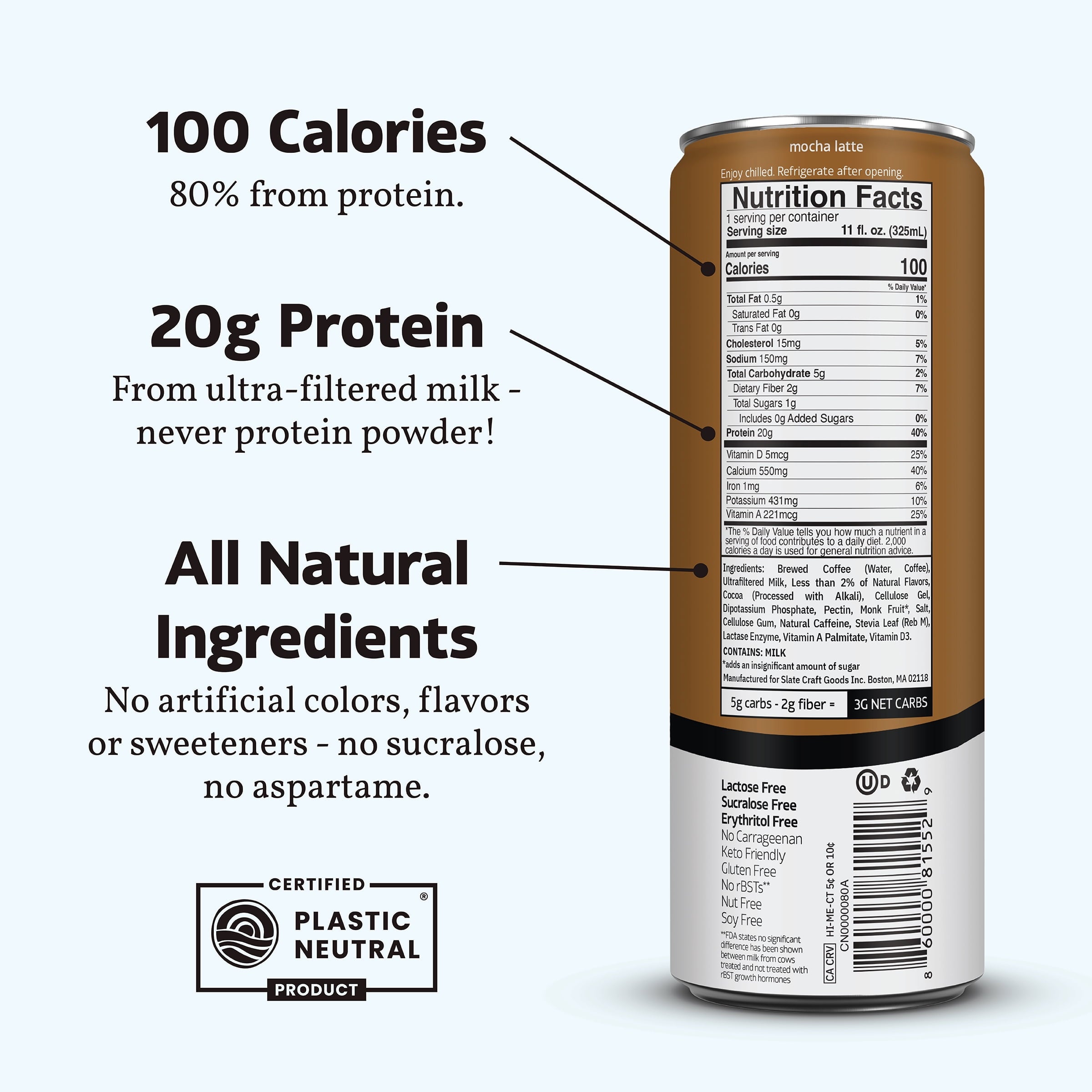 Slate Milk Mocha High Protein Naturally Caffeinated Medium Roast Latte 11 fl oz Can
