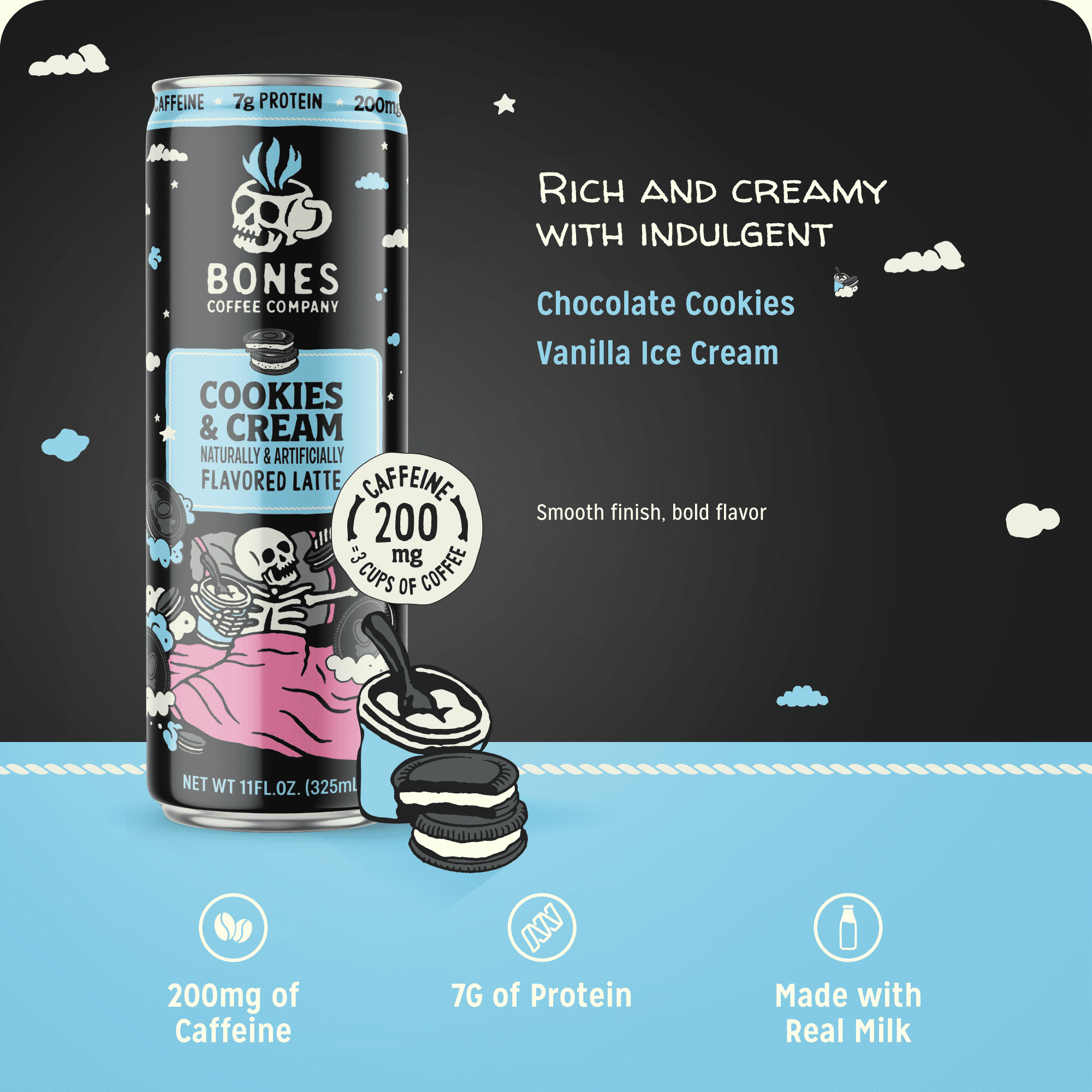 Bones Coffee Cookies N' Dreams Naturally Caffeinated Medium Roast Latte 11 fl oz Can