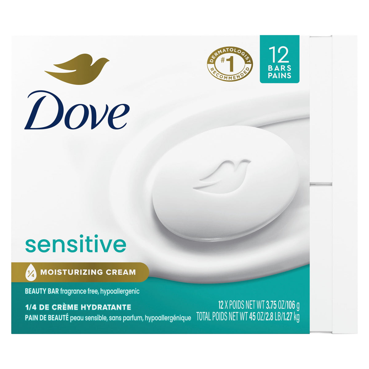 Dove Sensitive Skin Beauty Bar Soap Fragrance Free Hypoallergenic Moisturizing Cleanser 3.75 oz 12 Bars