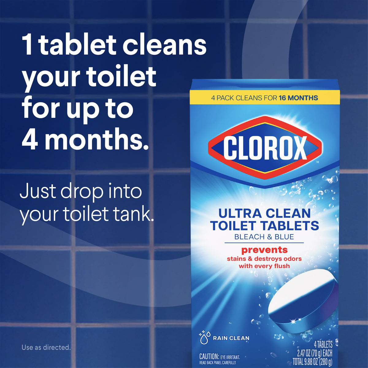 Clorox Bleach & Blue Toilet Bowl Cleaner Tablets Rain Clean 4 Count