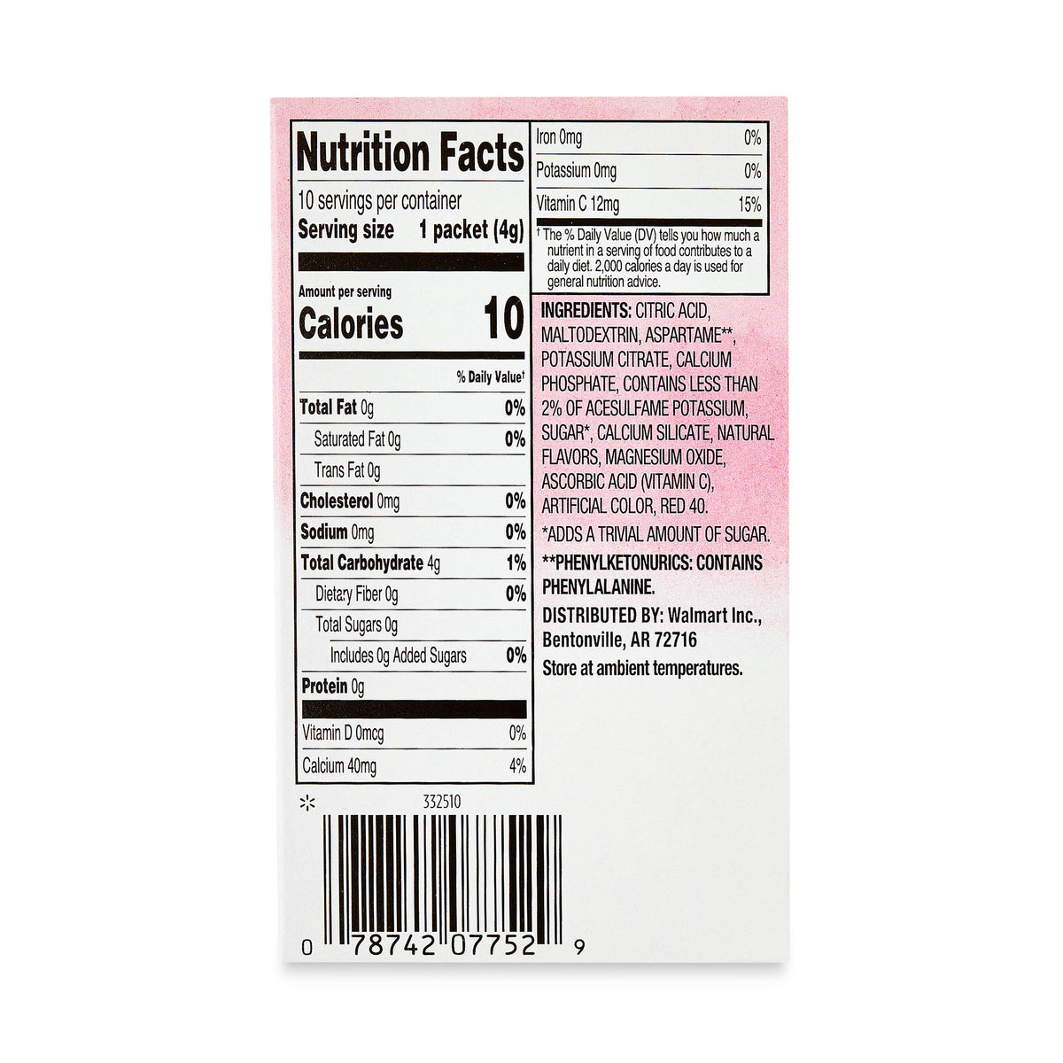 Great Value Sugar-Free Pink Lemonade Drink Mix Packets 0.14 oz 10 Count