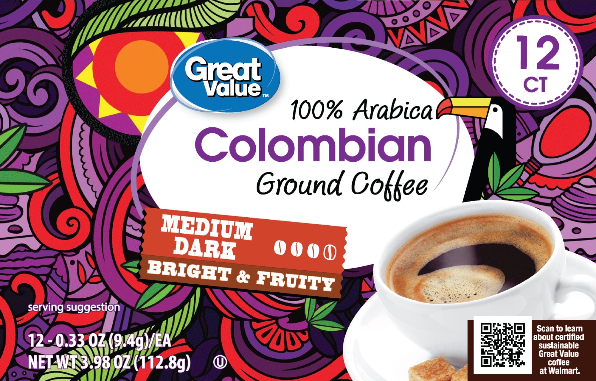 Great Value 100% Arabica Colombian Medium Dark Roast Ground Coffee Pods 12 Count