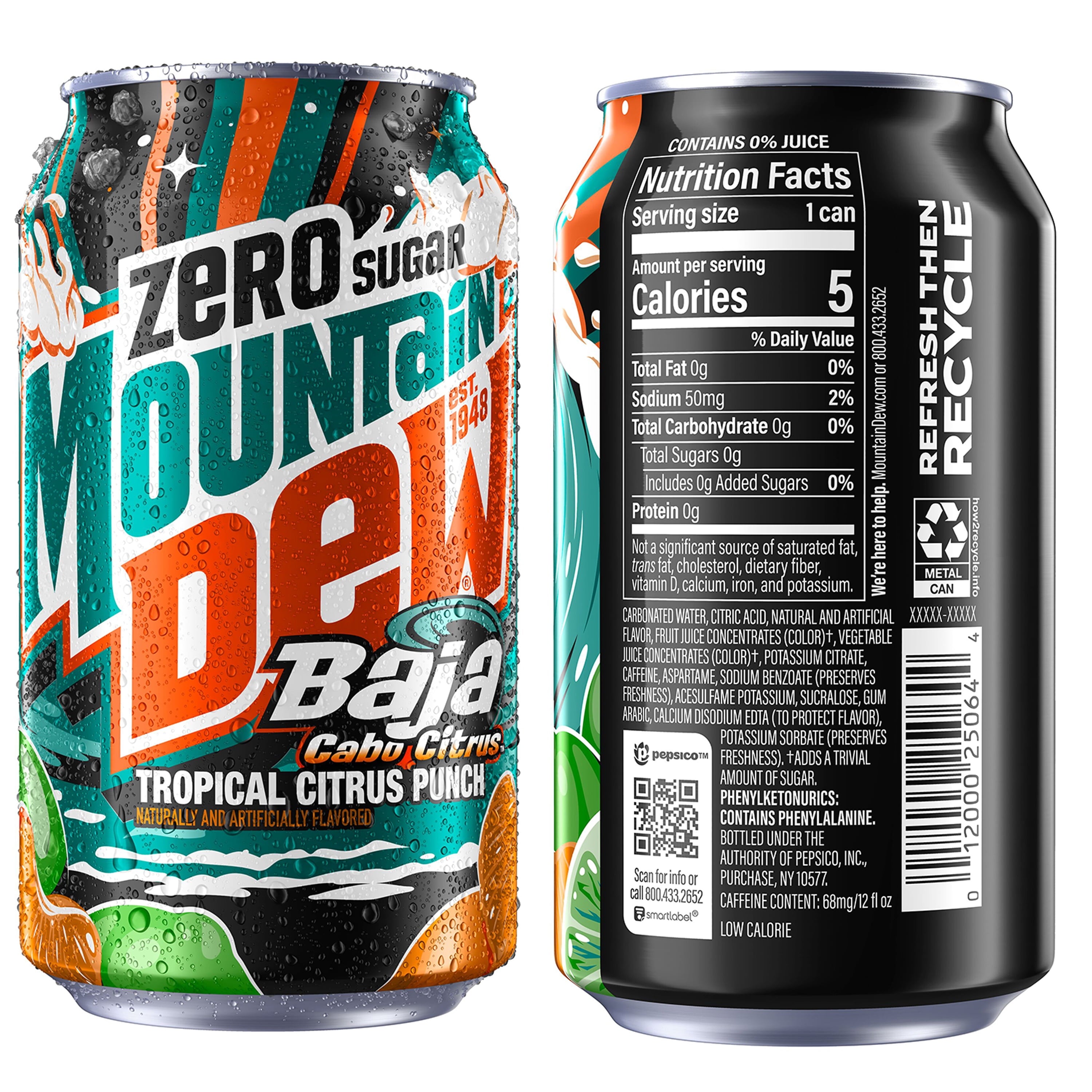 Mountain Dew Zero Sugar Baja Blast Cabo Citrus Soda Pop Cans 12 Fl Oz 12 Pack