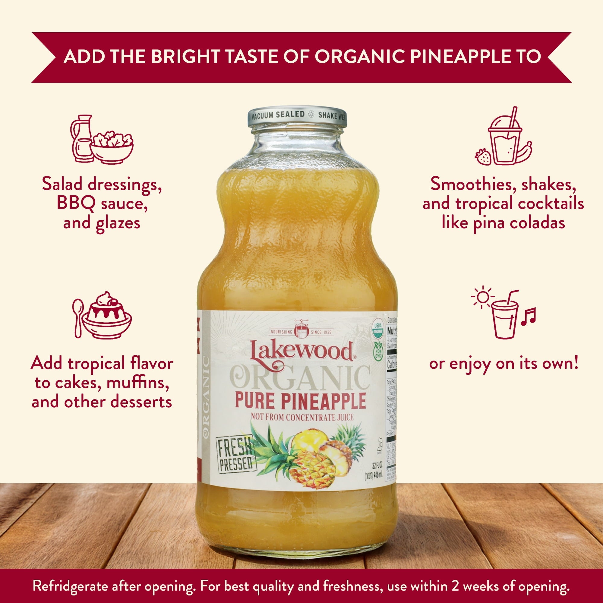 Lakewood Organic Pure Pineapple Juice Not From Concentrate 32 fl oz Bottle