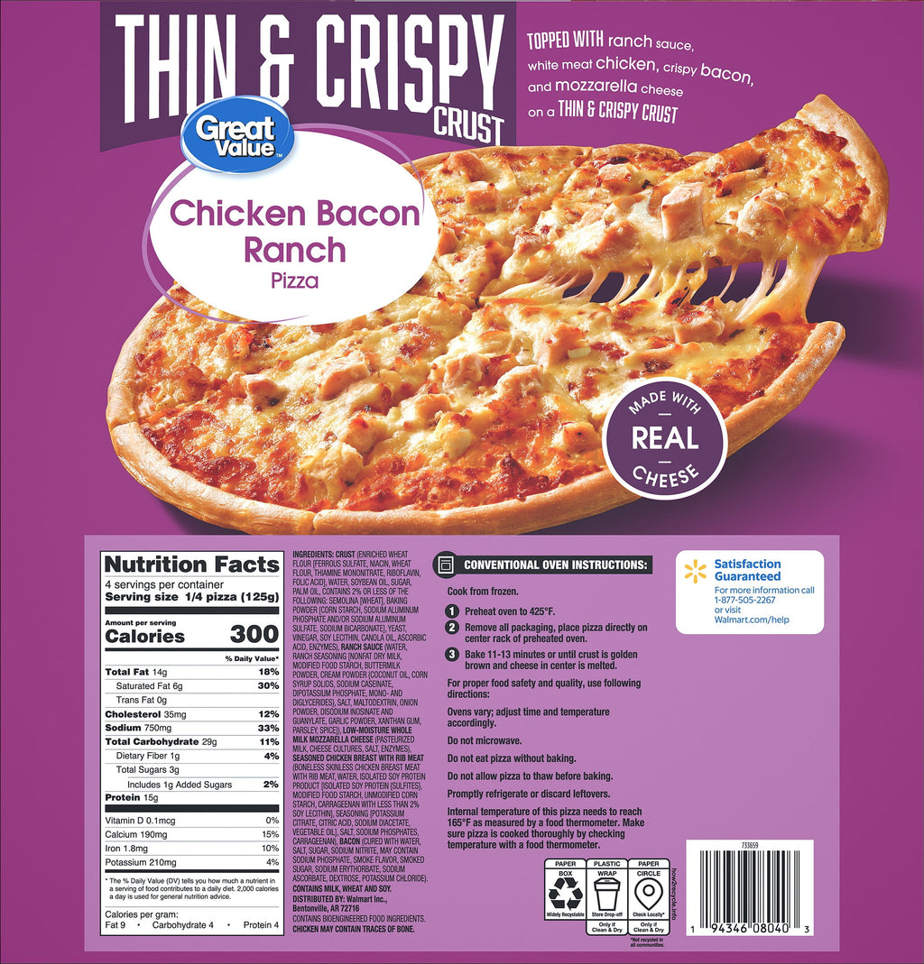 Great Value Thin Crust Chicken Bacon Ranch Frozen Pizza 17.55 Oz